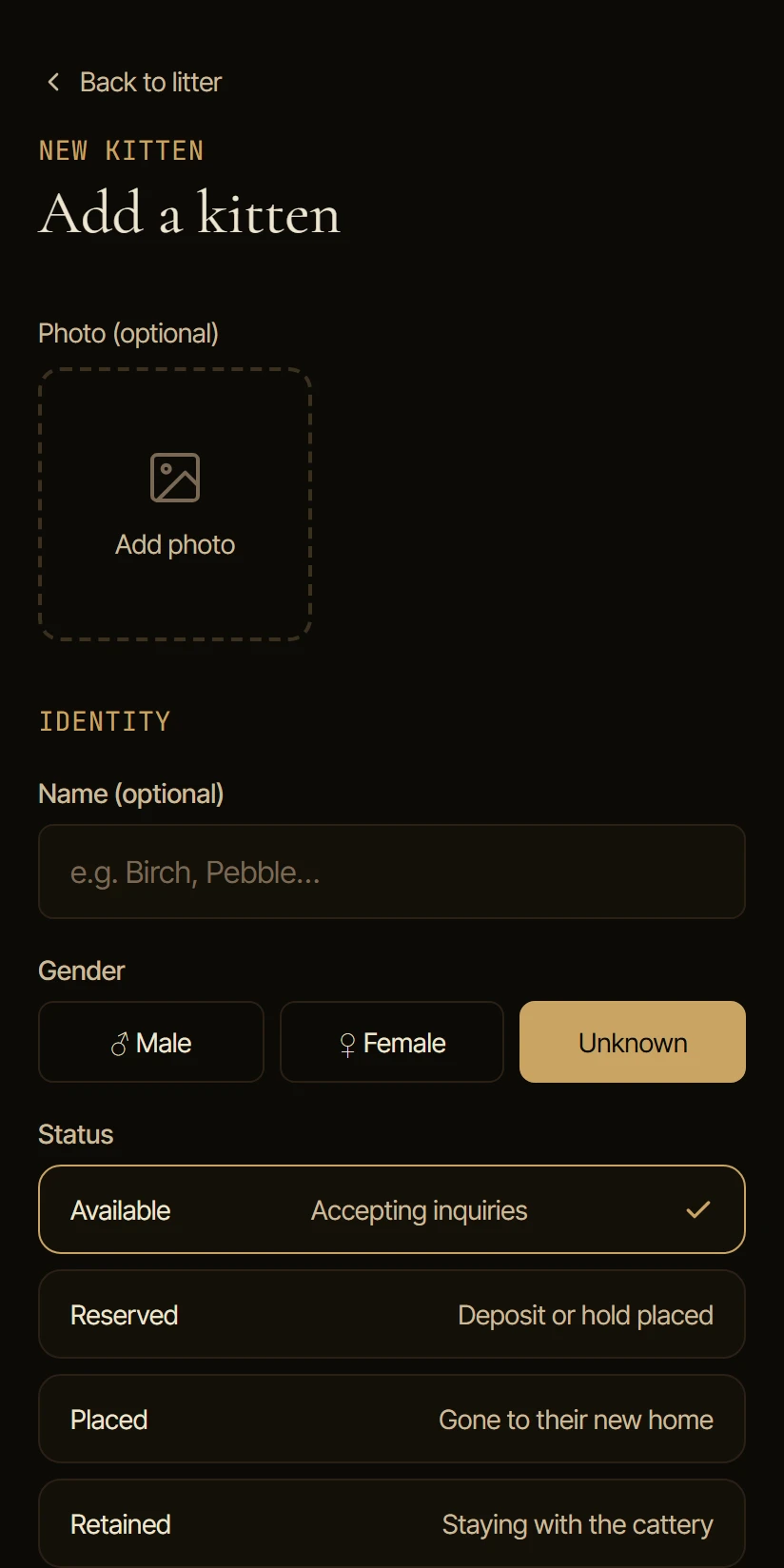Clowder’s admin “Add a kitten” screen, with the status set to Available or Reserved.