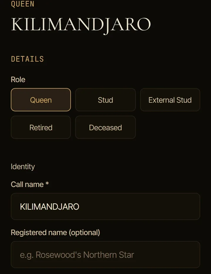 The Clowder app showing the cat record for the queen Kilimandjaro.