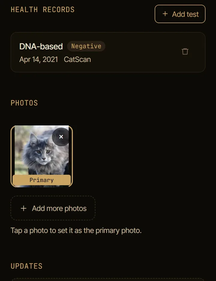 A Clowder cat record with a health test result pinned to the cat.