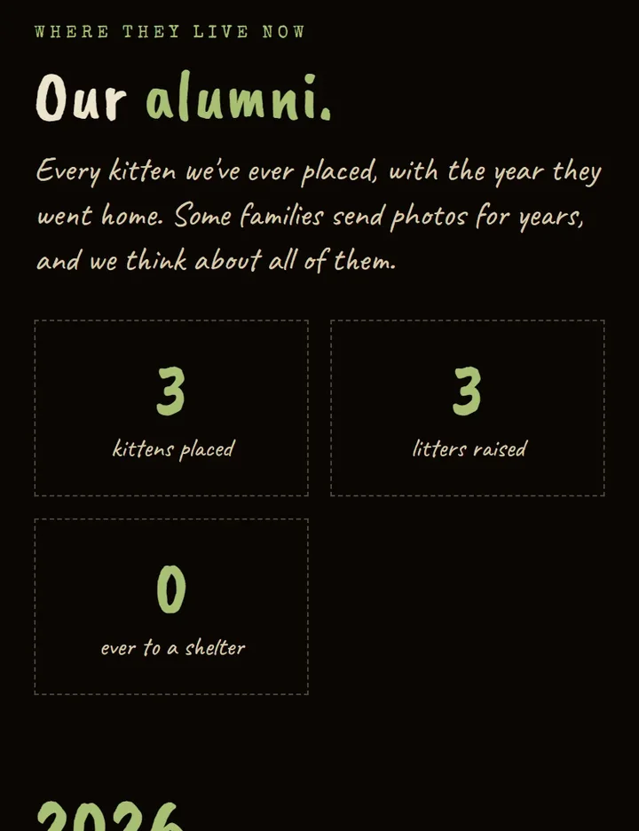 Z-COON’s public alumni page, with its placed-kitten counts.