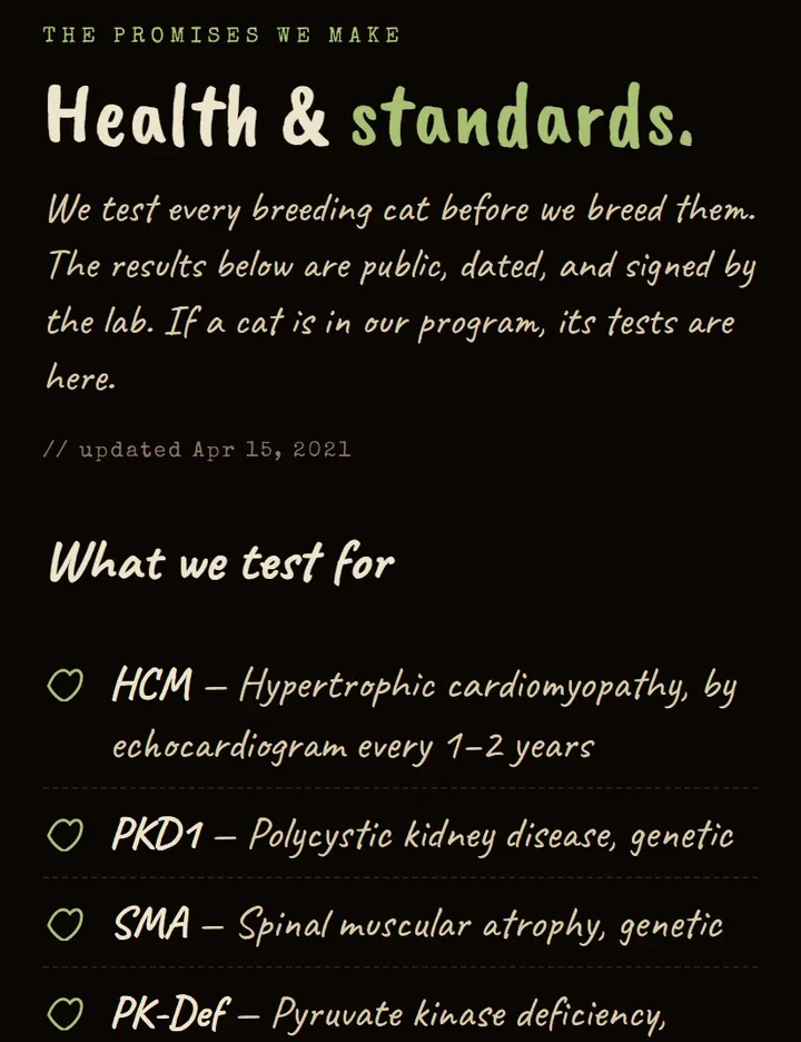 The Z-COON public health page, showing the cattery's clearances with their dates.